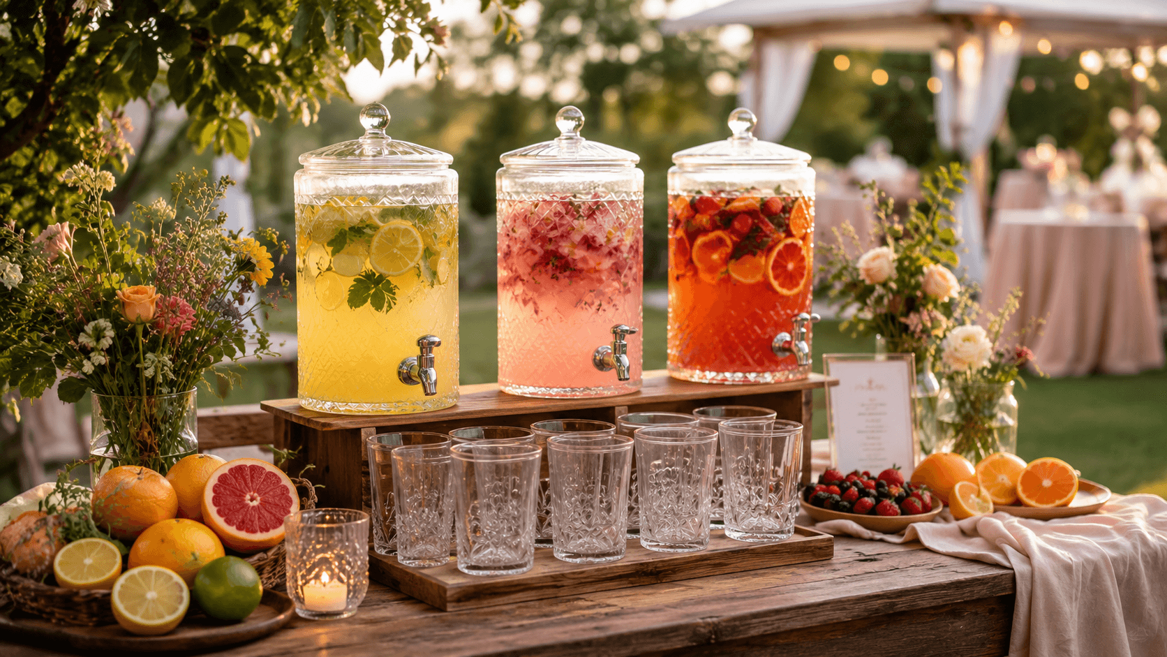 Bar à boissons et citronnades colorées sur une table en bois lors d'un événement en extérieur.